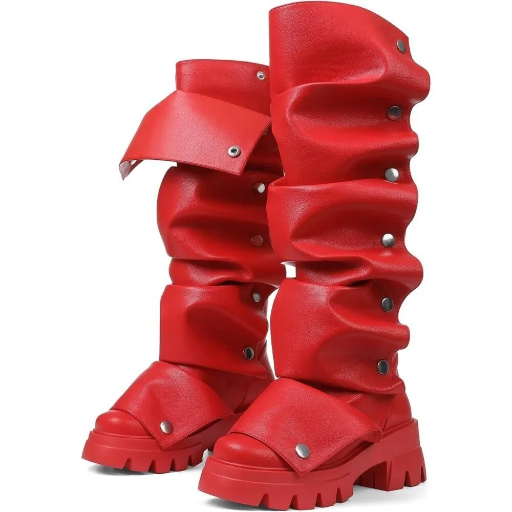 Women's Red Pu Fold Over Knee Slouchy Ruched Stacked Heel Round Toe Boots